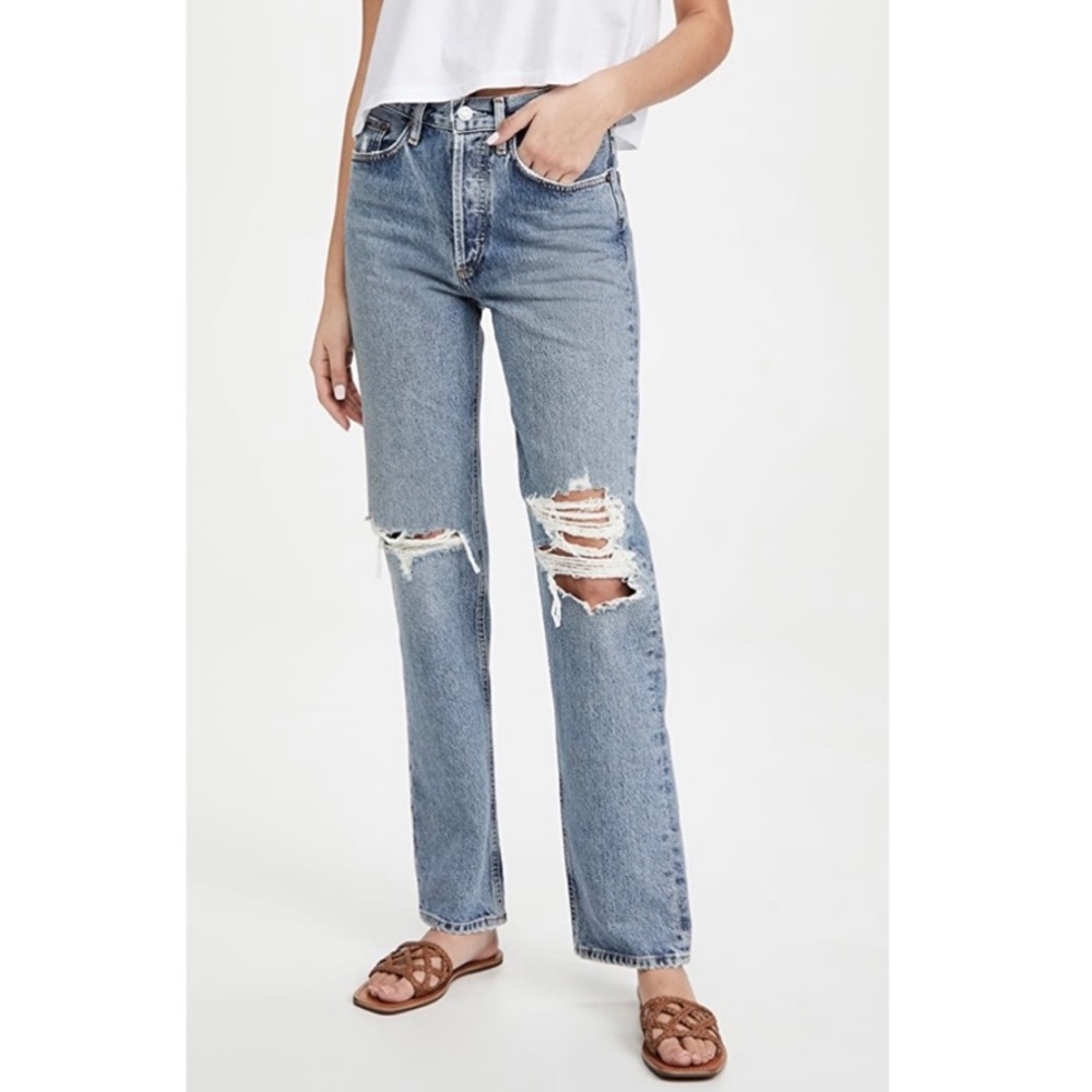 Agolde Blue Straight Leg Jeans with Natural Distressing